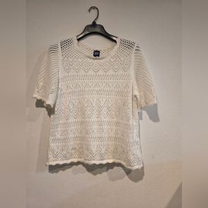 GAP Crochet Knit Cotton Top Sz Large Scalloped Detail Off White Short Sleeve